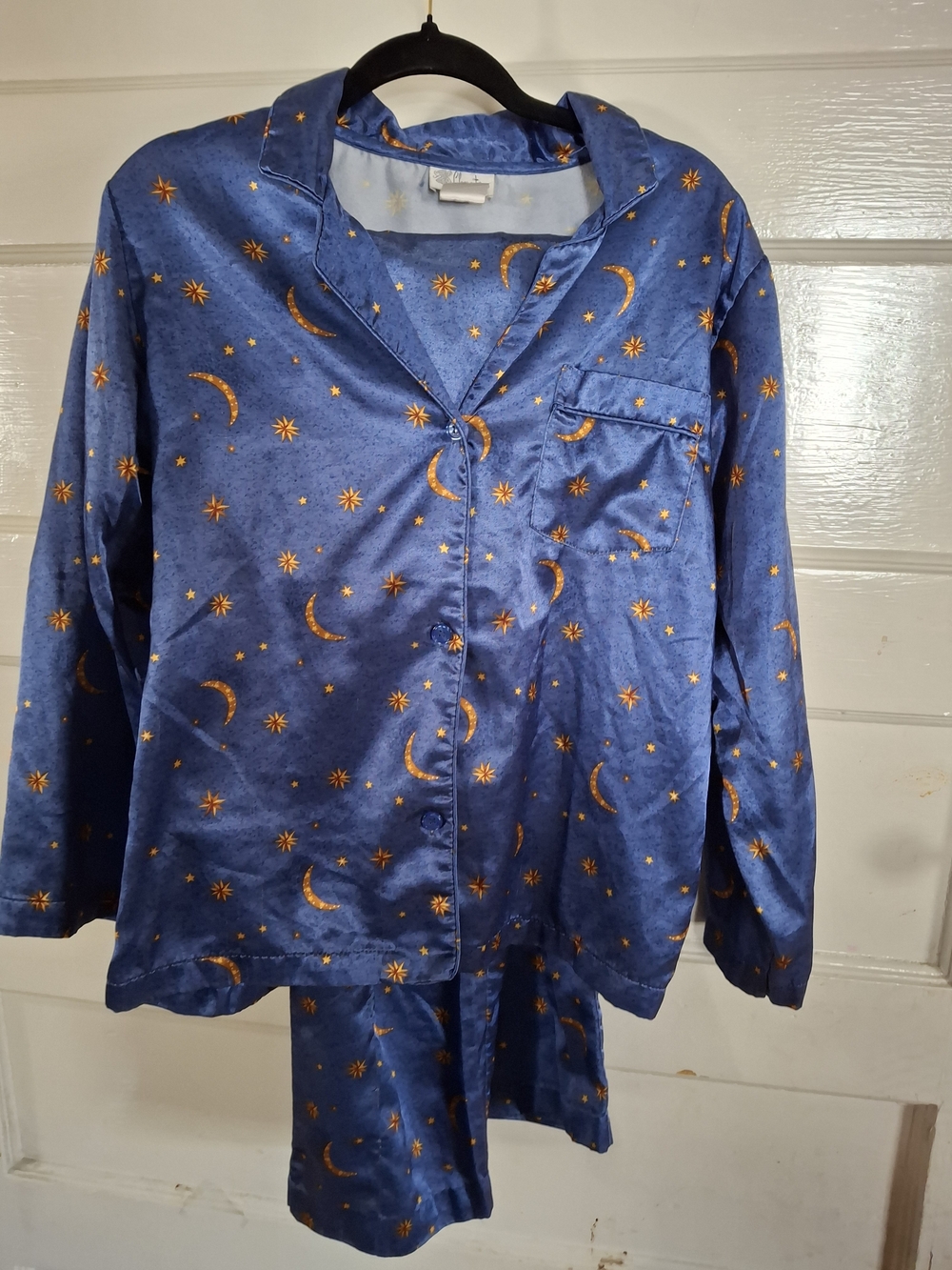 Vintage Character Celestial Satin Pajama Set Blue Gold Moon Stars S (Cfd007)